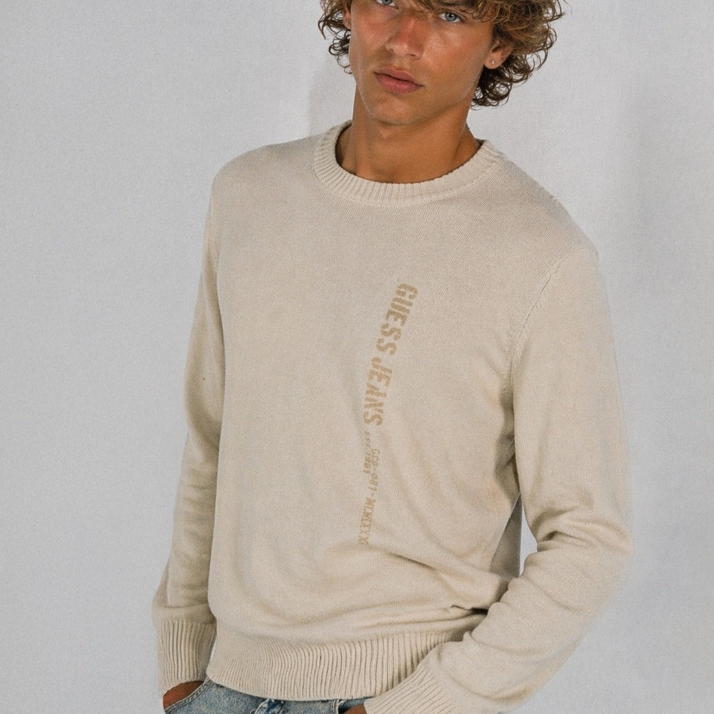 Guess Jeans Mens Sweater S Y2K Long Sleeve Crew Neck Pullover Beige